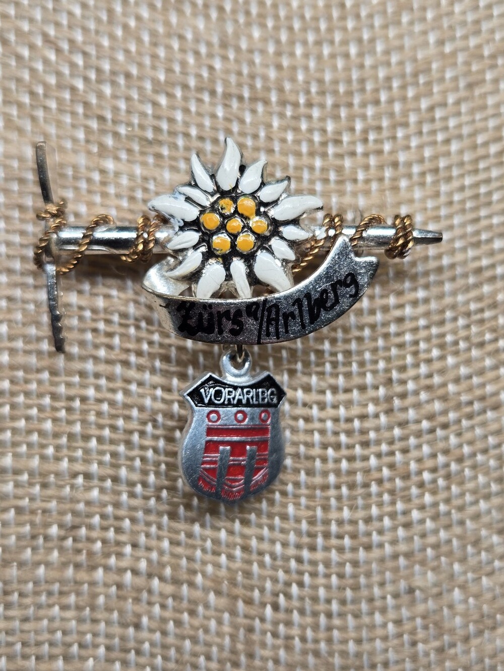 Vintage Enamel Edelweiss Alpine Souvenir Brooch Austria